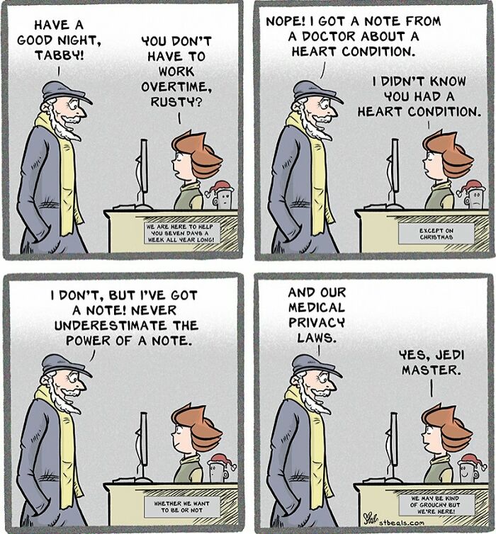 Comic showing a relatable retail interaction about work overtime, medical notes, and privacy laws between employee and customer.