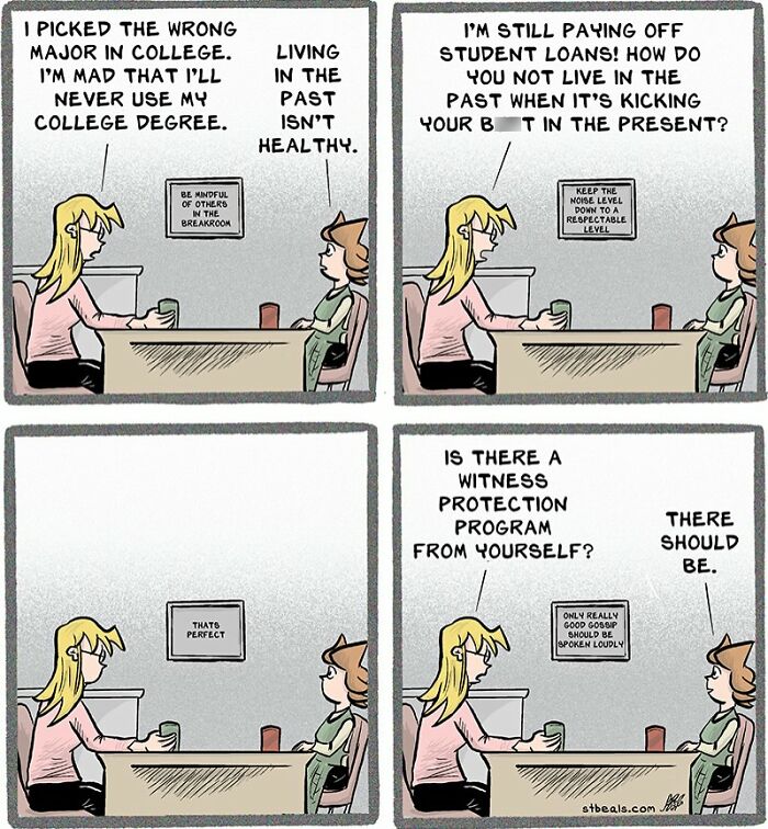 Two retail workers having a relatable conversation about college regrets and student loans in a comic strip.
