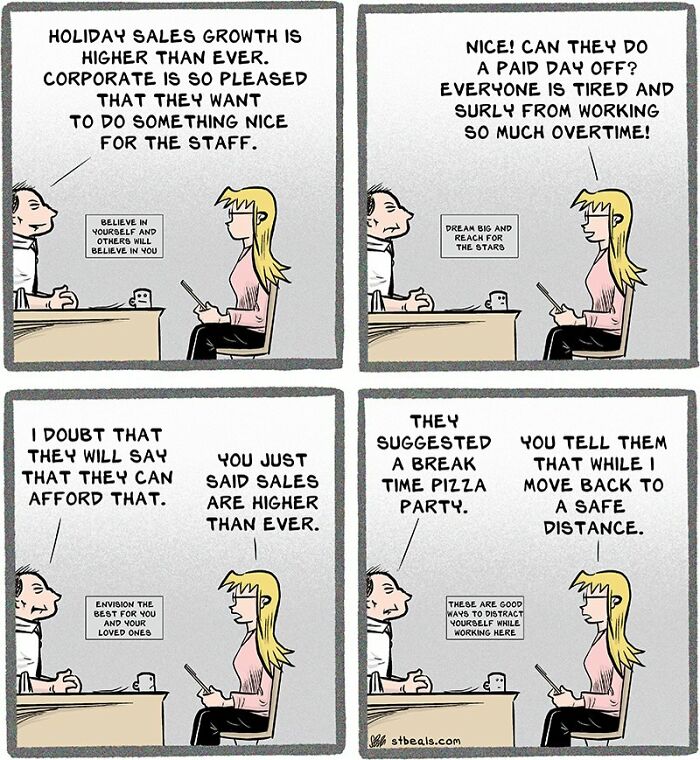 Retail comic showing a conversation about holiday sales growth and staff rewards in a relatable retail work setting.