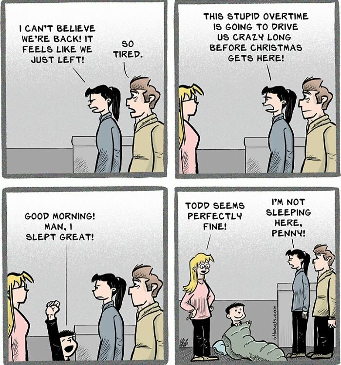 Comic strip showing relatable retail workers discussing overtime, tiredness, and humor during busy holiday shifts.