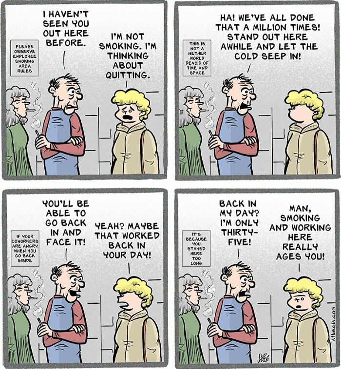 Retail worker and customer in a smoking area comic strip showing relatable work break conversations.