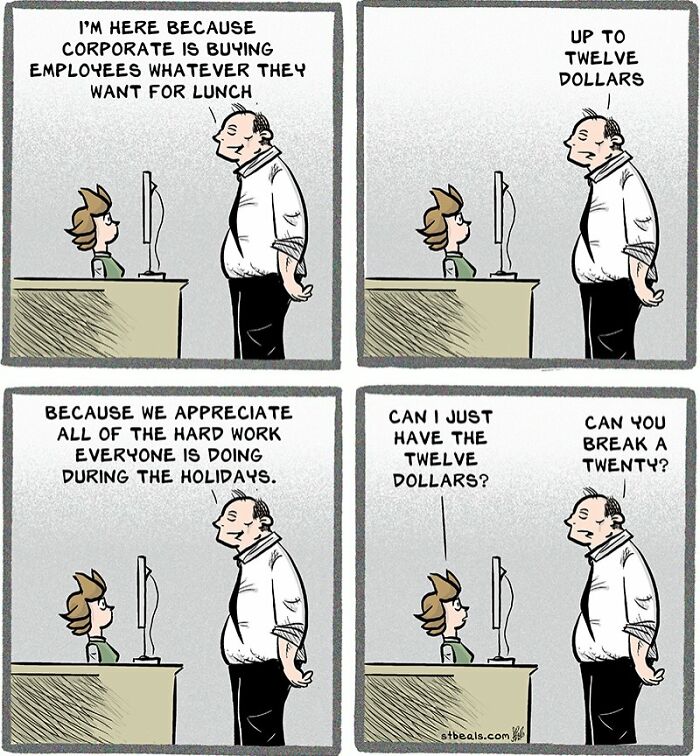 Cartoon showing a relatable retail employee and customer interaction about lunch budget during the holidays.