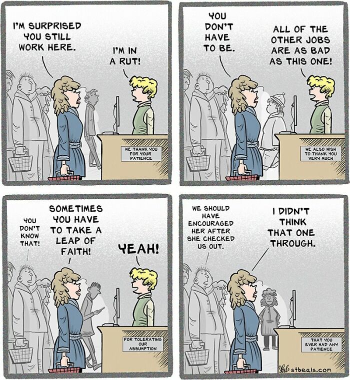 Retail worker and customer comic strip showing relatable conversations about job frustrations and patience at checkout.