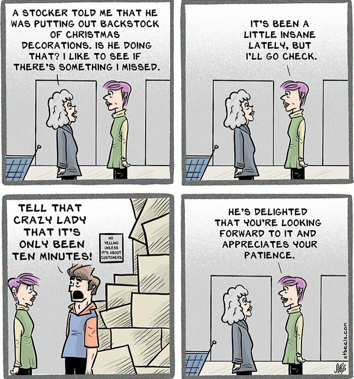 Retail worker and customer in a relatable comic scene highlighting the challenges of stocking and backstock tasks.
