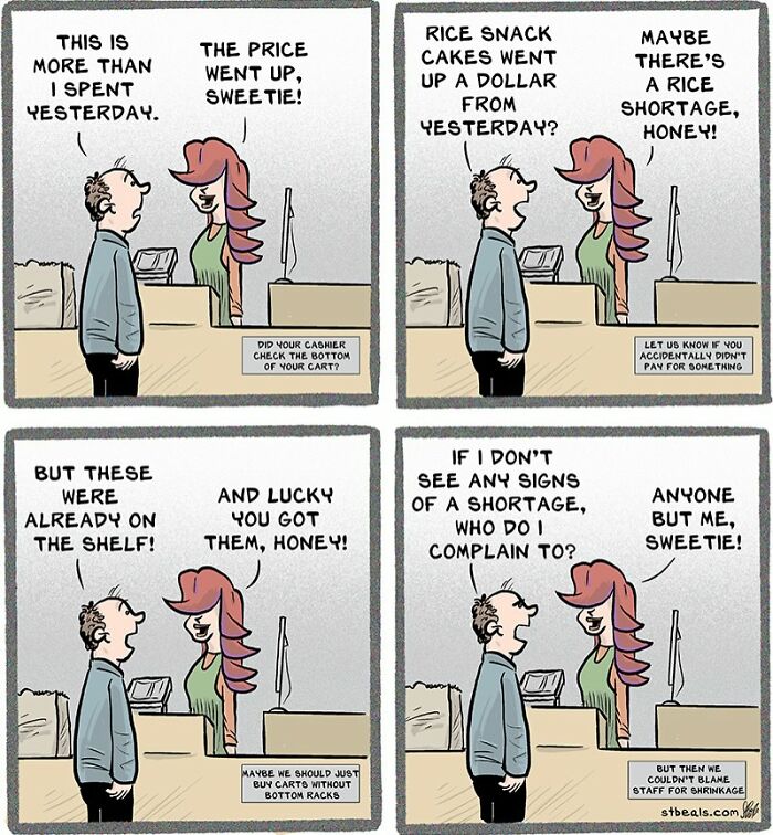 Comic strip showing a relatable retail conversation about price changes, shortages, and customer complaints at a checkout counter.