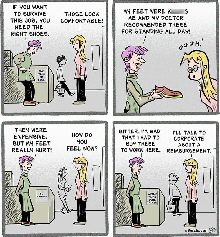 Retail comic showing a humorous conversation about uncomfortable work shoes and the challenges of standing all day.