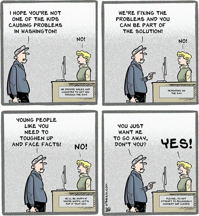 Retail worker humor comic showing a customer and clerk exchanging sarcastic remarks about problems and solutions.