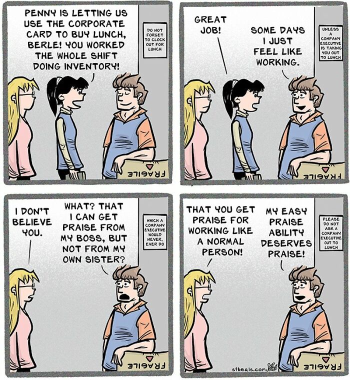 Retail workers in a comic strip discussing praise, lunch breaks, and relatable work experiences during a shift.