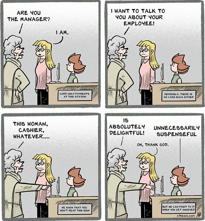 Comic strip showing a retail interaction with customer, manager, and employee in a relatable retail work scene.