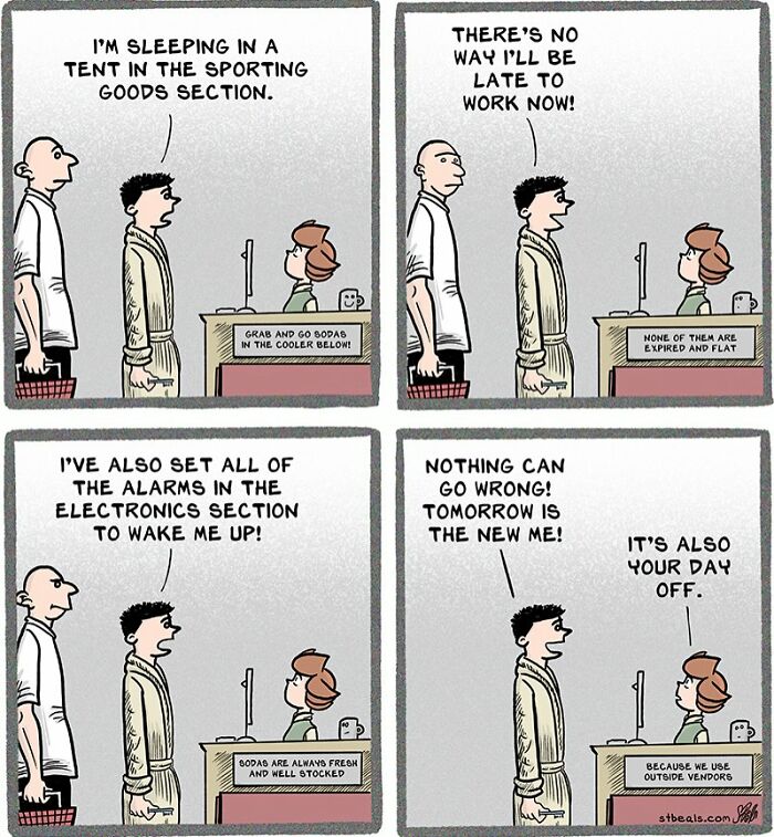 Comic strip showing a relatable retail worker planning to sleep in store and set alarms to avoid being late.