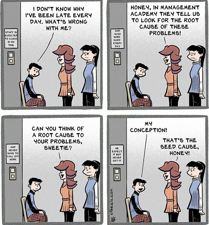 Retail work comic showing employees discussing root causes of common workplace problems humorously and relatably.