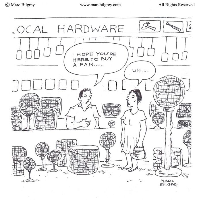 Marc Bilgrey cartoon in a hardware store humorously depicting everyday life with wit and irony.