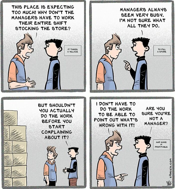 Two retail workers discussing managers and store work in a relatable comic about retail job frustrations.