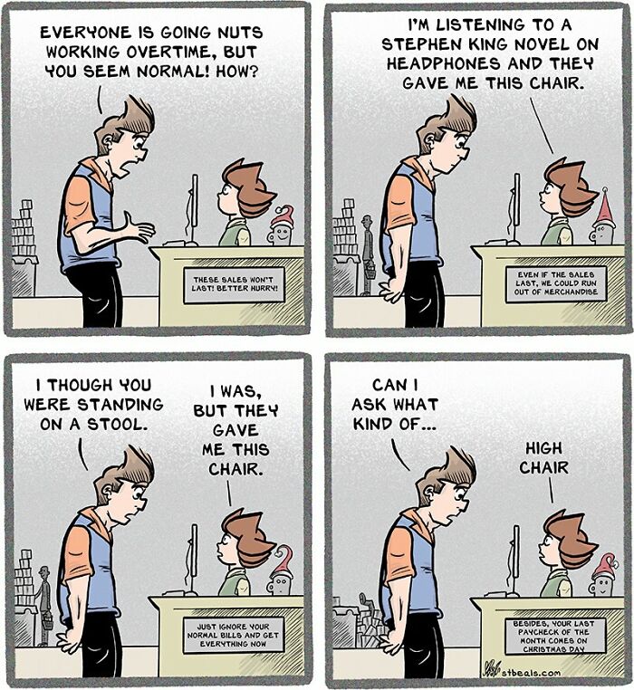 Comic strip showing a humorous retail work situation with employees discussing chairs and overtime stress.