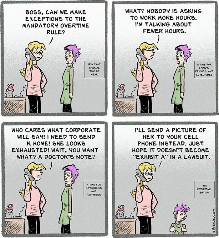 Comic strip showing relatable retail work humor about mandatory overtime, exhaustion, and workplace challenges during holidays.