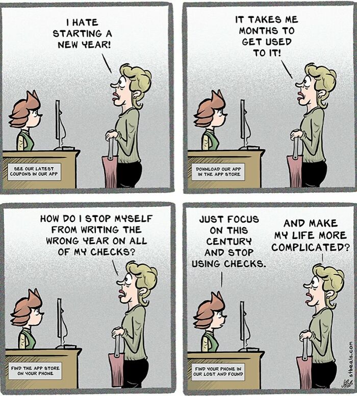 Retail worker and customer comic strip showing relatable frustrations with starting a new year and using checks.