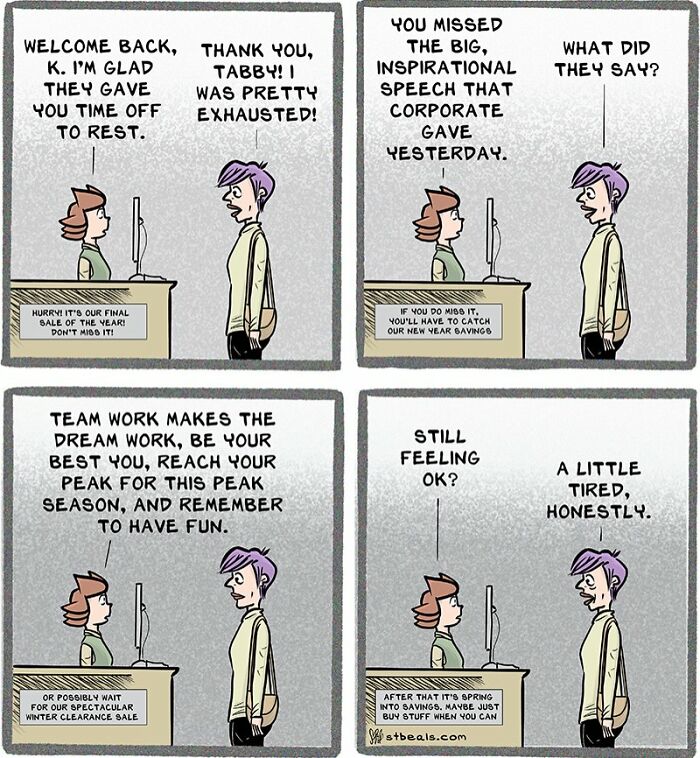 Retail workers sharing a relatable comic about exhaustion and corporate motivational speeches during peak sales season.