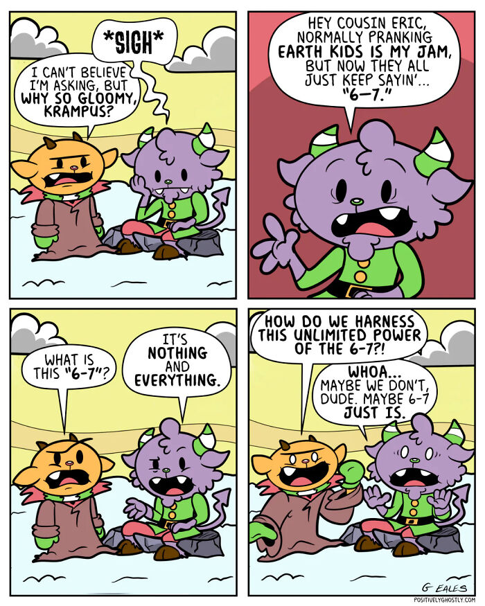 Heartwarming comics from Positively Ghostly feature colorful characters discussing mysterious powers in a snowy outdoor setting.