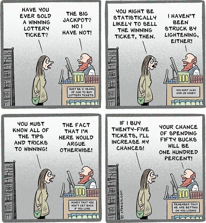 Retail worker and customer comic strip humor about selling lottery tickets and retail challenges.