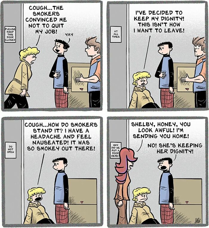 Comic strip illustrating relatable retail worker experiences dealing with smoky break rooms and workplace dignity.