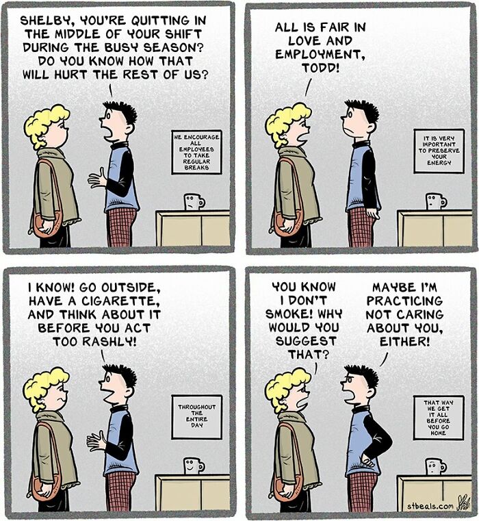 Retail workers in a comic strip debate quitting shifts, illustrating relatable retail work humor and challenges.