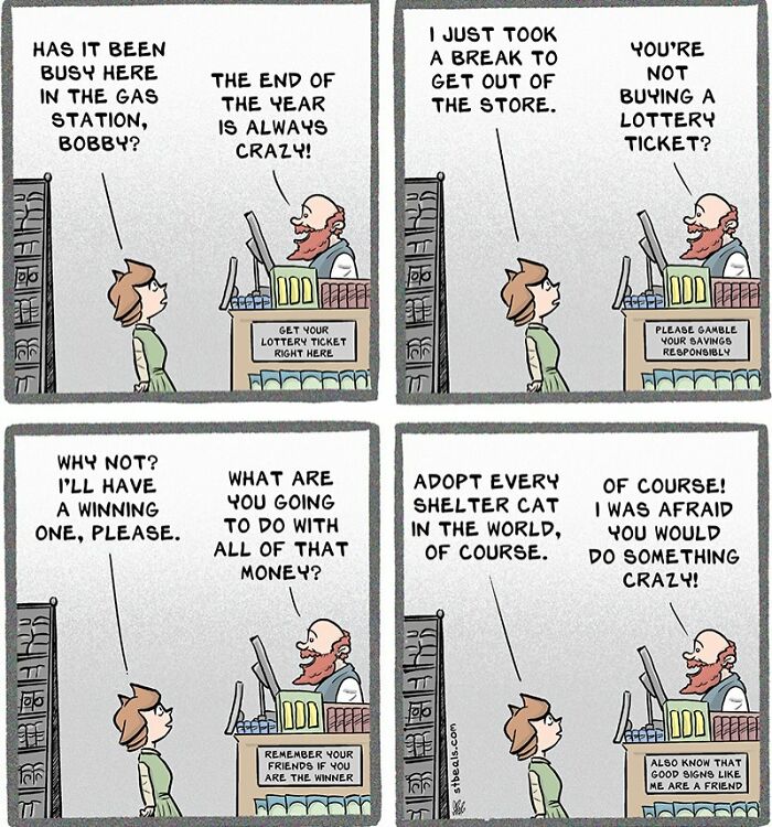 Retail worker and customer comic discussing busy store, lottery tickets, and shelter cats in a relatable retail scene.