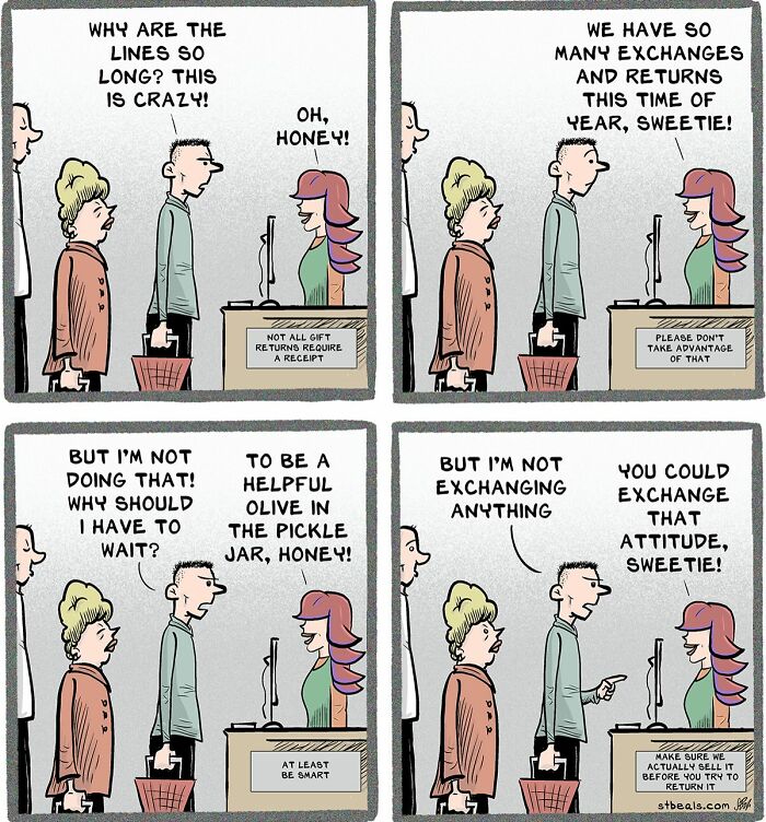 Retail worker comic strip showing humorous customer exchanges about long lines, returns, and store policies.