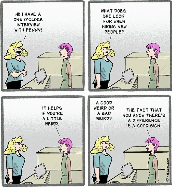 Comic strip about retail work humor, featuring two characters discussing qualities for hiring new retail employees.