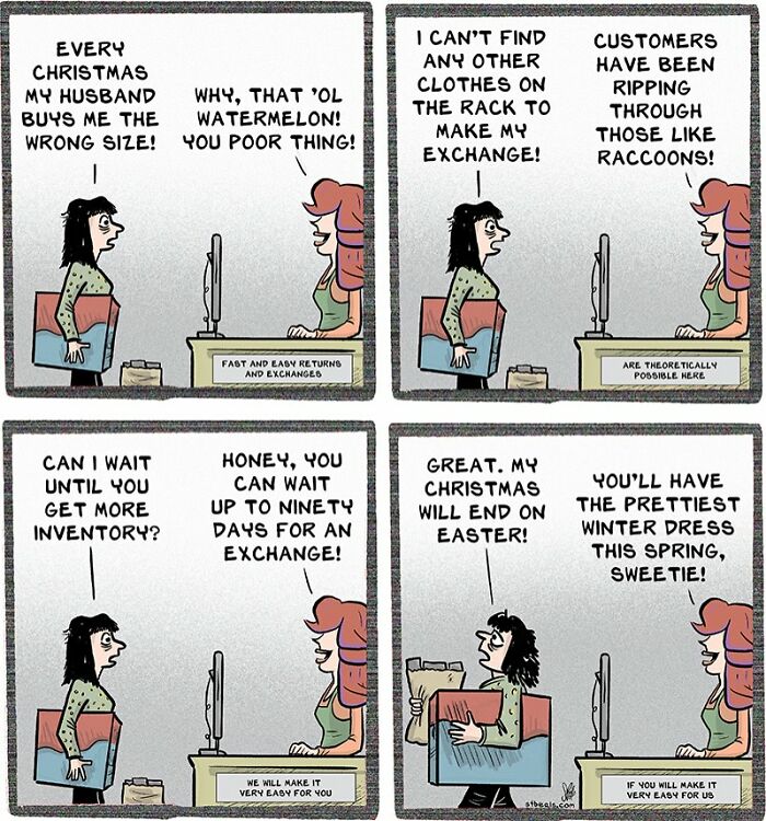 Retail worker and customer comic strip showing relatable frustrations with exchanges, inventory, and holiday gift returns.
