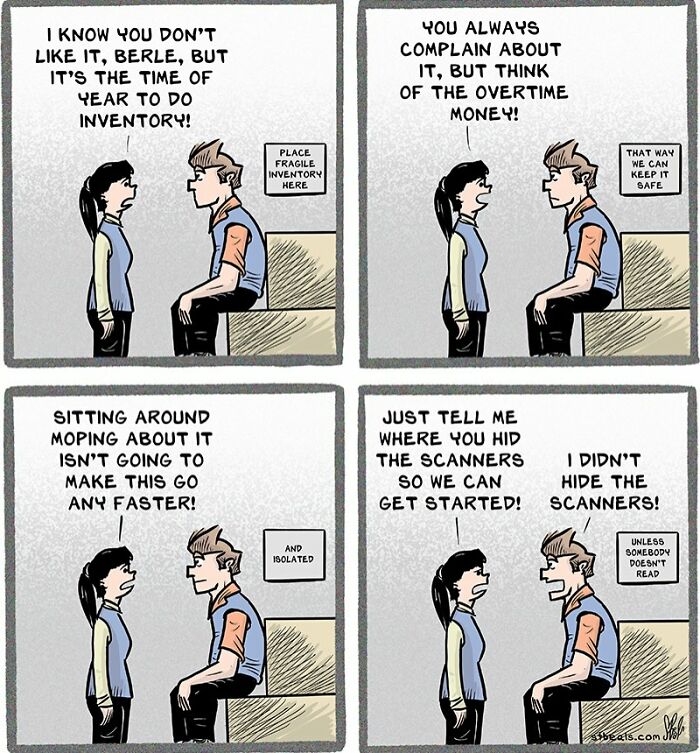 Retail workers discussing inventory and scanner hiding in a relatable comic about retail work frustrations and overtime.