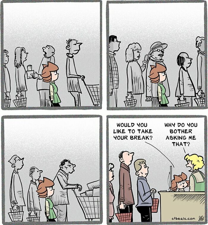 Comic strip showing a retail worker surrounded by customers, highlighting relatable moments from working retail.