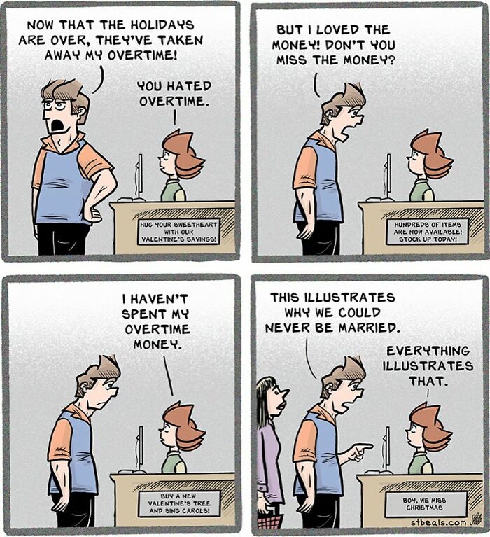 Relatable retail comics showing conversations about overtime and work-life challenges in a store setting.