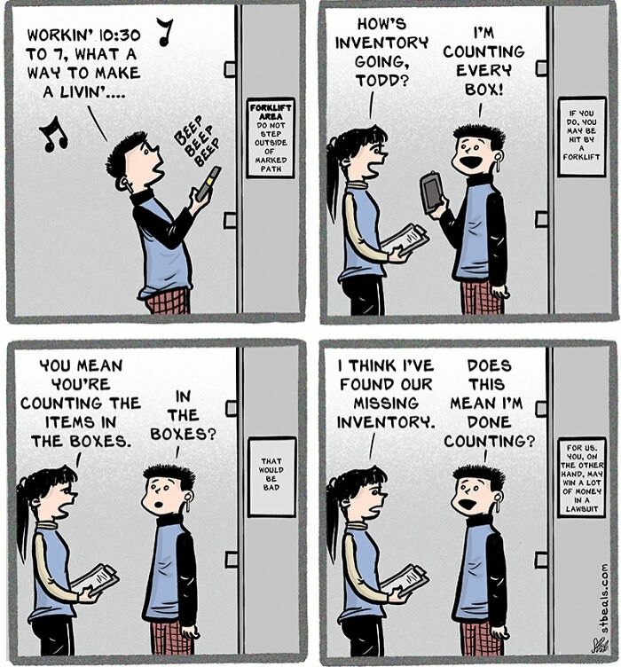 Retail workers counting inventory in warehouse comic strip depicting relatable retail job humor.
