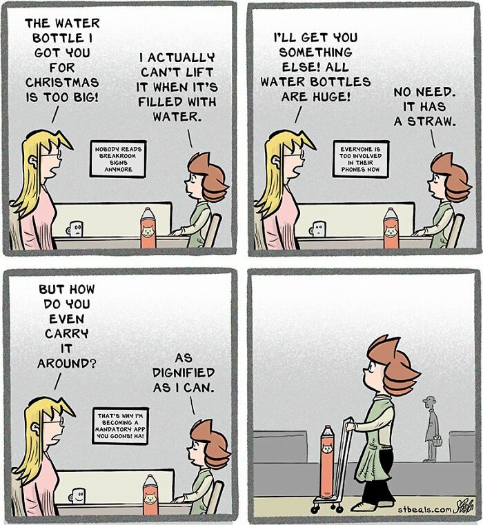 Comic strip depicting a humorous retail conversation about a large water bottle and carrying it with a cart.