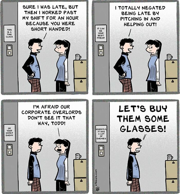 Retail work comic showing two employees debating about working late and corporate expectations.