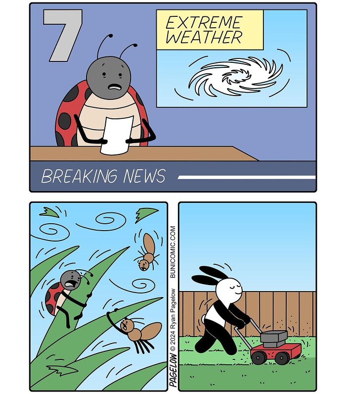 Cute comics by Buni showing a ladybug facing extreme weather and a rabbit mowing grass outdoors.
