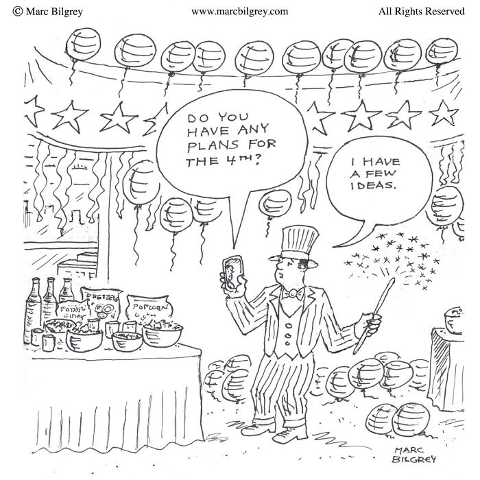 Marc Bilgrey cartoon shows a man in a striped suit with a wand and phone, humorously planning for the 4th.