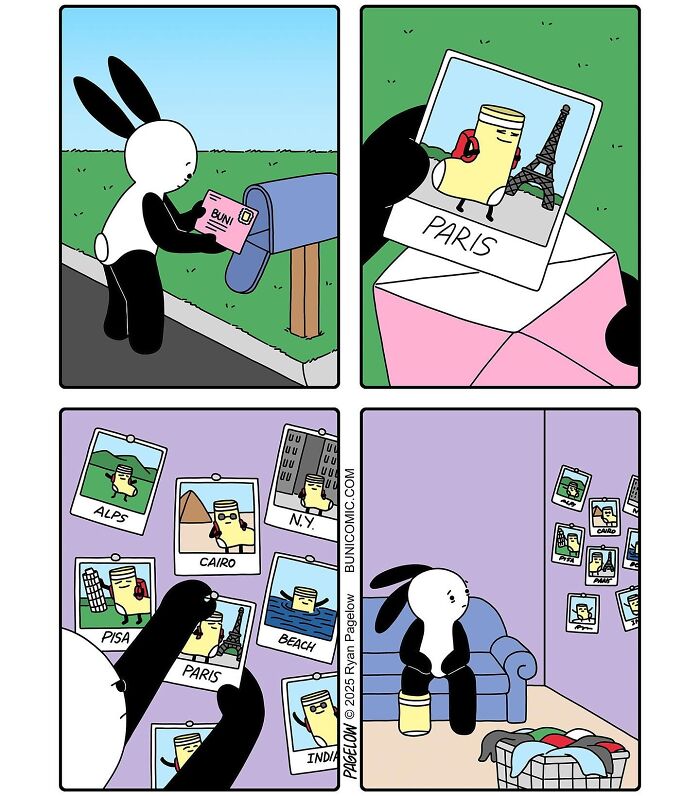 Cute comic panels showing a bunny reading postcards of travel destinations, feeling nostalgic and sitting alone.