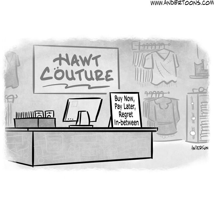 One-panel comic showing a clothing store counter with a humorous sign capturing life’s ironies with clever humor.