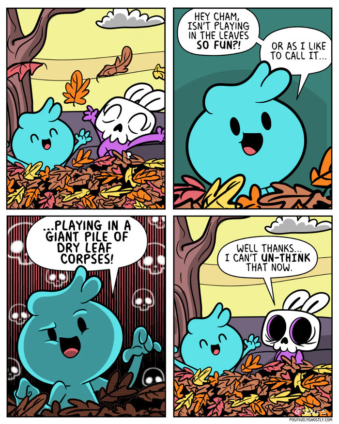 Heartwarming comics from Positively Ghostly show playful characters enjoying autumn leaves with humorous spooky twists.