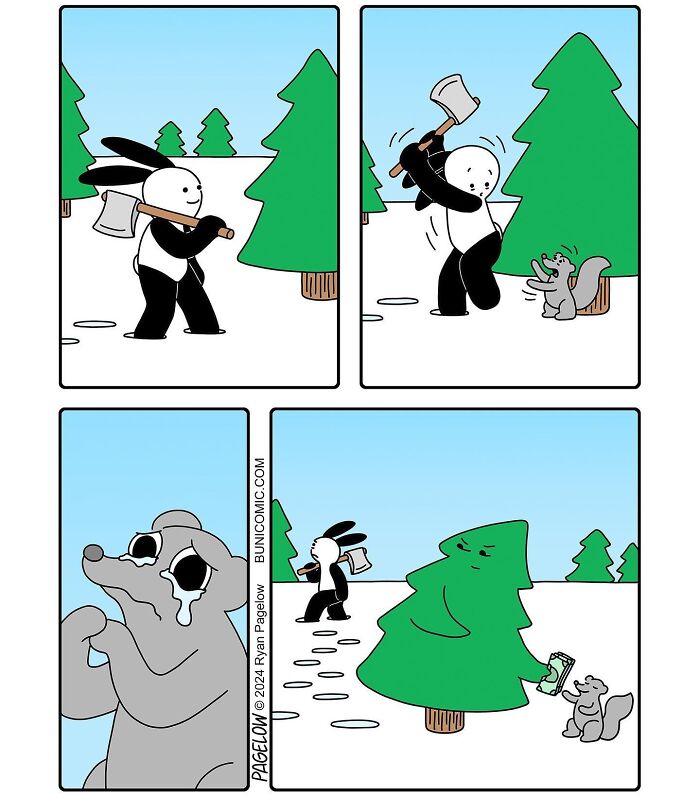 Cute comic panels showing a character with an axe, a squirrel, and a tree in a humorous scene from Buni comics.