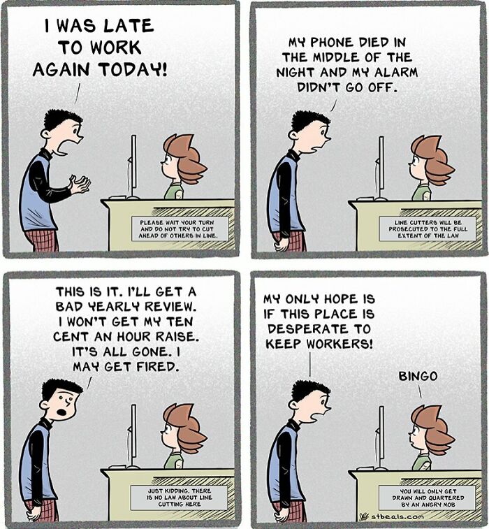 Retail worker shares worries about being late, job security, and hopes for retaining employees in a relatable comic strip.