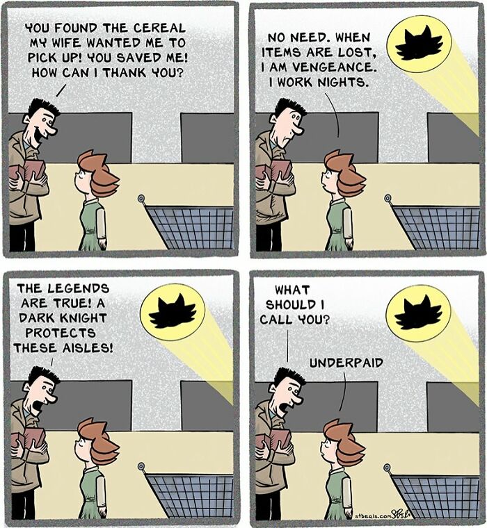 Comic strip showing a relatable retail worker as a dark knight protecting aisles and dealing with customers.