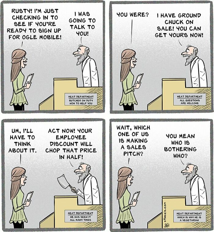 Comic strip showing a relatable retail interaction at a meat department with humorous sales pitch and customer dialogue.