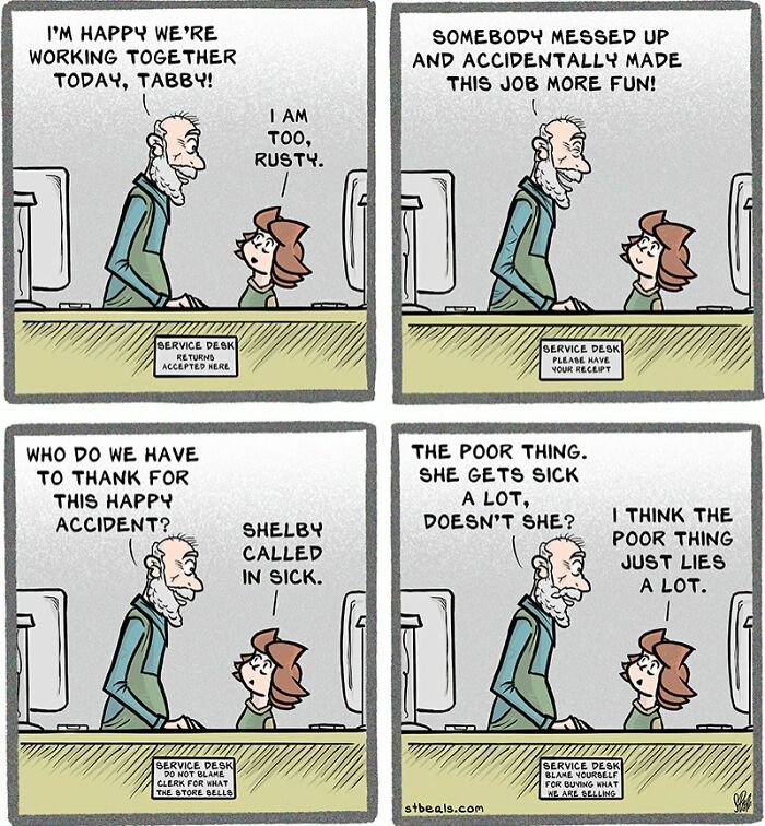 Retail work comic strip showing two employees joking about a coworker calling in sick making the job more fun.