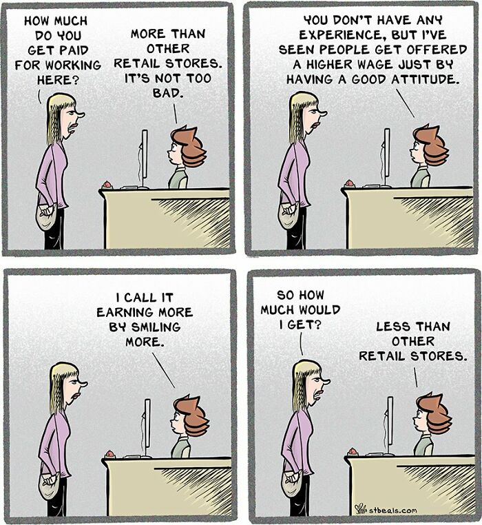 Relatable retail work comic showing a conversation about pay and attitude between employee and customer.