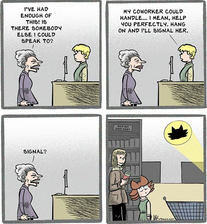 Retail worker dealing with difficult customer, coworker tries to help, humorous comic about retail work challenges.