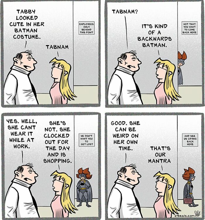 Retail work comic showing employees discussing a cat in a Batman costume while shopping during work hours.