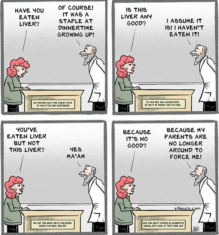 Cartoon of a retail meat counter conversation about eating liver, highlighting relatable retail work humor.
