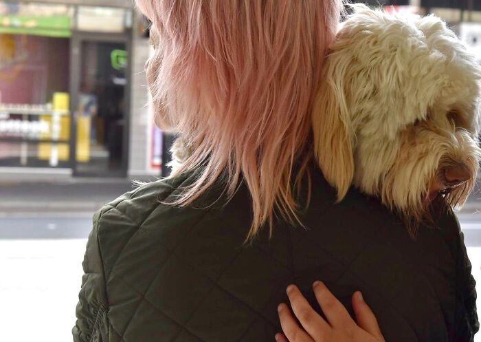 Street photographer captures perfect coincidences with a dog resting on a person's shoulder in an urban setting.